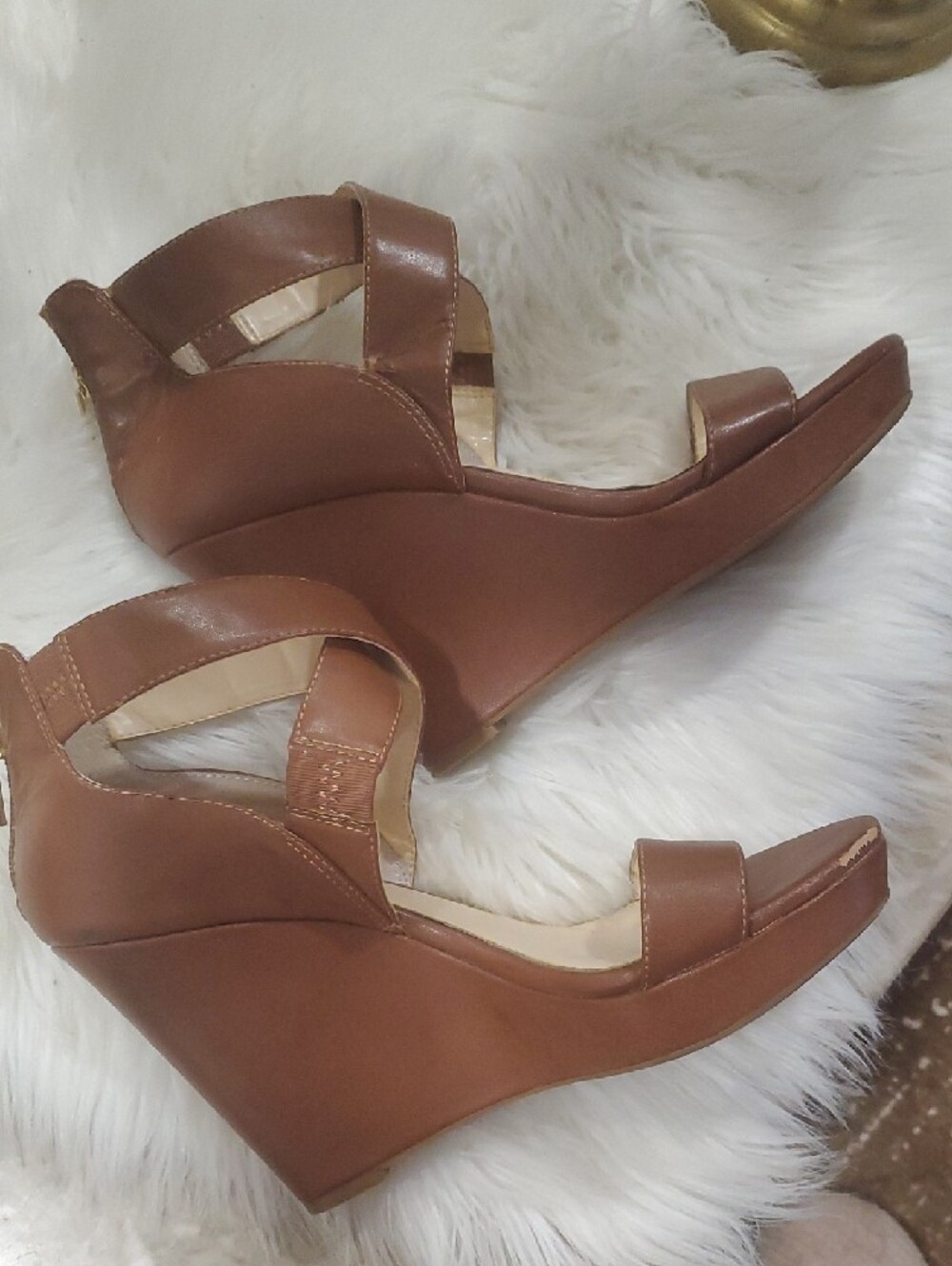 Jessica Simpson Brown Leather Crisscross Strap Wedge Heels Size 9 - Picture 7 of 15